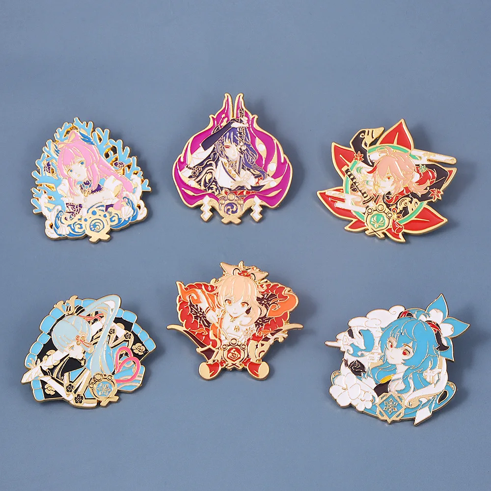 Genshin Impact Wendi Ganyu Yoimiya Pin Tartaglia Kazuha Keqing Xiao Figure Metal Badge Pins Brooch Lapel Cosplay Gift Jewelry