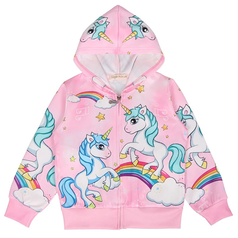 Cute Rainbow Unicorn Kids Jacket Hooded Zipper Children Outwear Cartoon Girls Jacket Spring Autumn Casual Thin Baby Girl Clothes