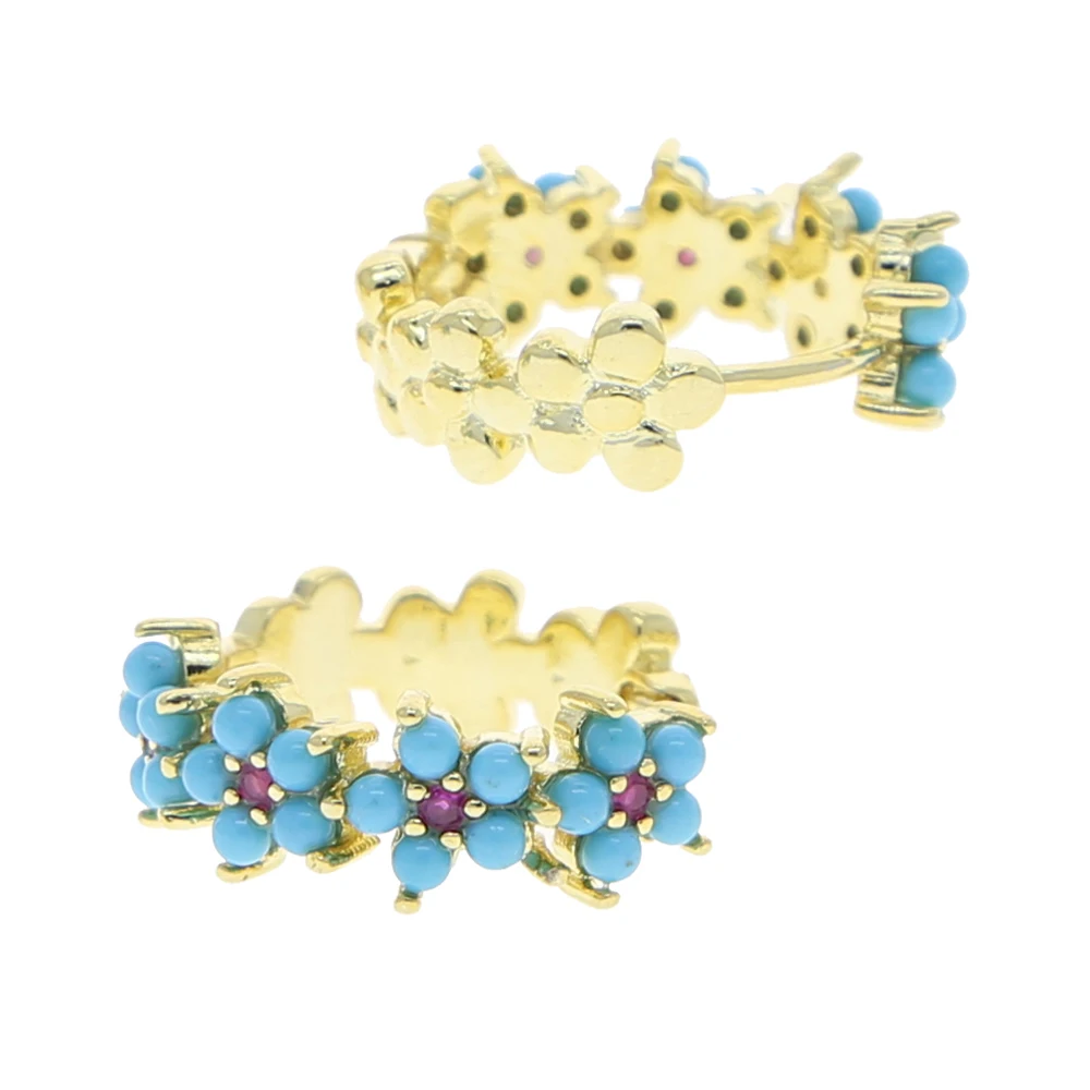 New Geometric Blue Turquoises Stone Flower Circle Hoop Earring Gold Color Simple Classic fashion women jewelry