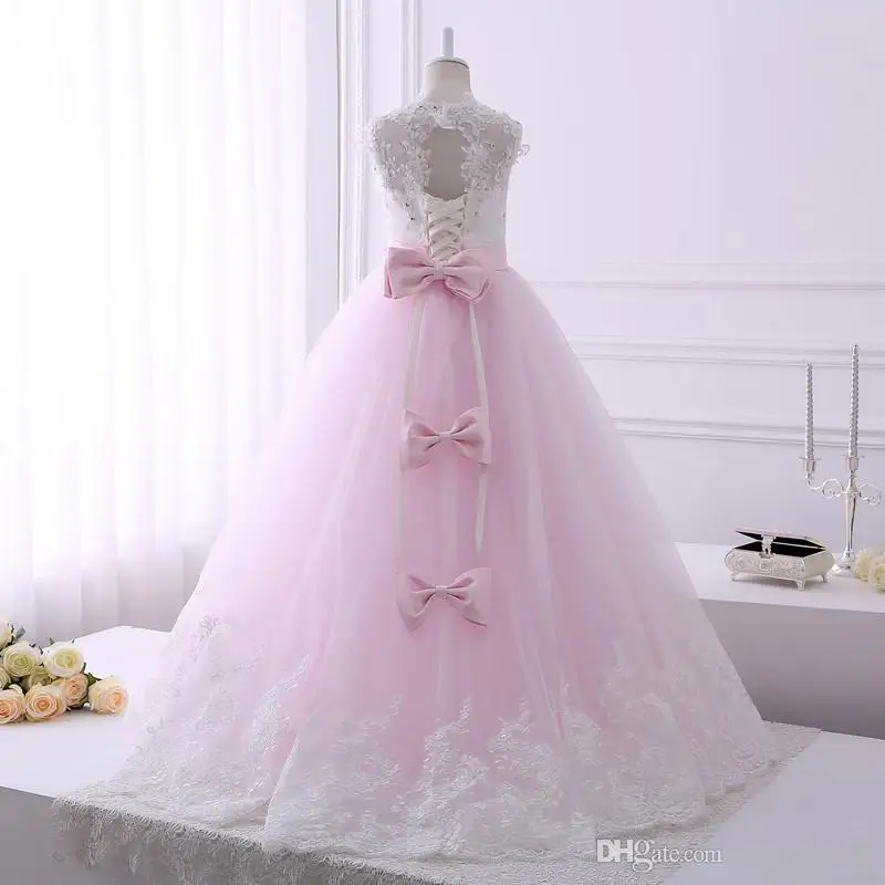 2021 Echte Pics Kant Applicaties Bloem Meisje Jurken Met Bogen Lange Trein Mouwloze Floor Lengte Wedding Party Gown Custom Made