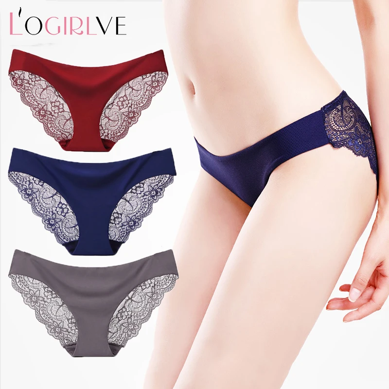 

Logirlve Women Lace Panties Seamless Briefs Silk Underwear Sexy Ultra-Thin Comfortable Transparent Underpanty Shorts 3PCS / Lot