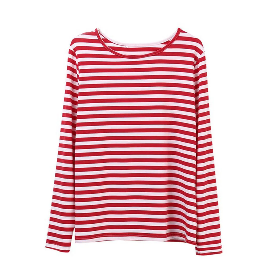 Leisure Women Red White Striped Long Sleeve T-Shirts Cotton Loose Casual Shirt Female Basic O-Neck Tops Tee Autumn Pullovers New