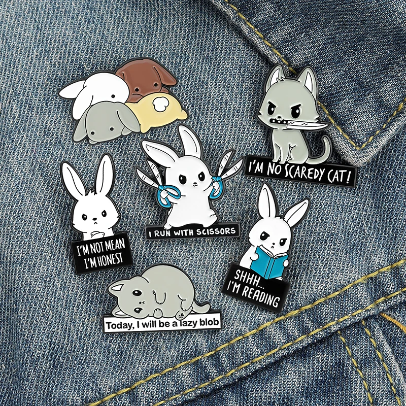 Rabbits Park Enamel Pins Custom Book Scissors Bunny Cats Brooch Lapel Badge Bag Cartoon Jewelry Gift for Kids Friends Wholesale