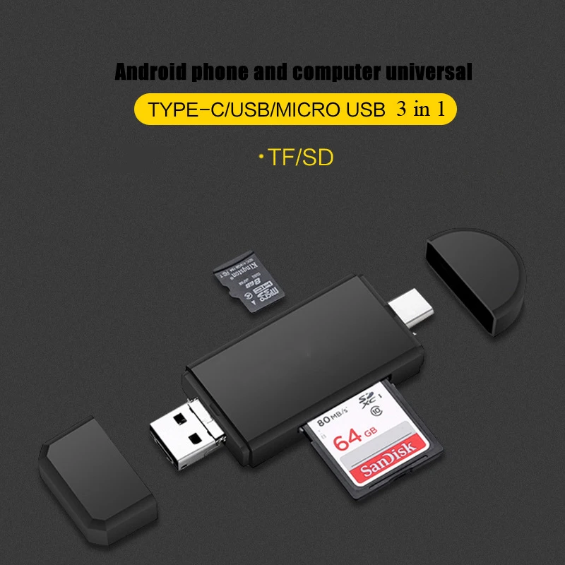 Type C & micro USB & USB 3 In 1 OTG Card Reader High-speed Universal OTG TF/SD for Android Computer Extension Headers Cardreader