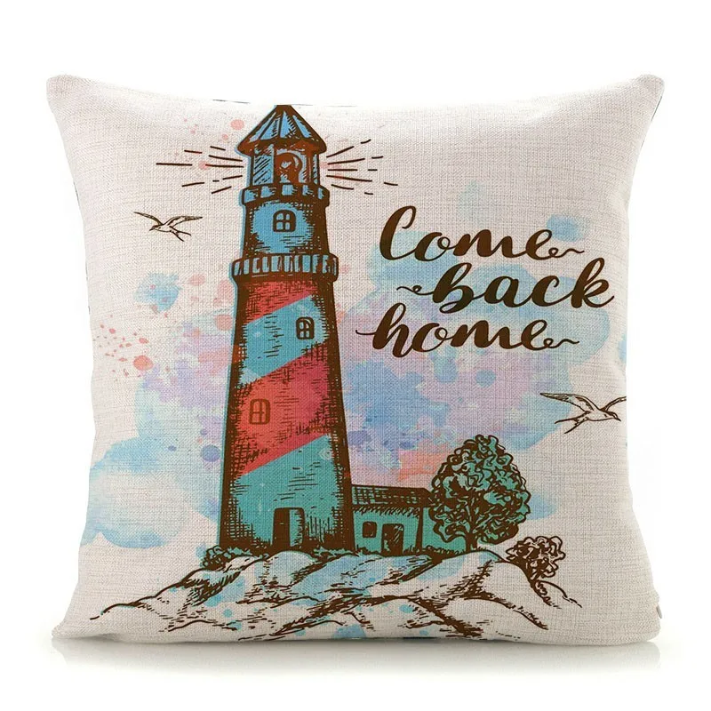 Mediterranean Lighthouse Ocean Sailing Print Home Decorative Cushion Cover Cotton Linen Pillow Case for Sofa Bed Chair 45x45cm