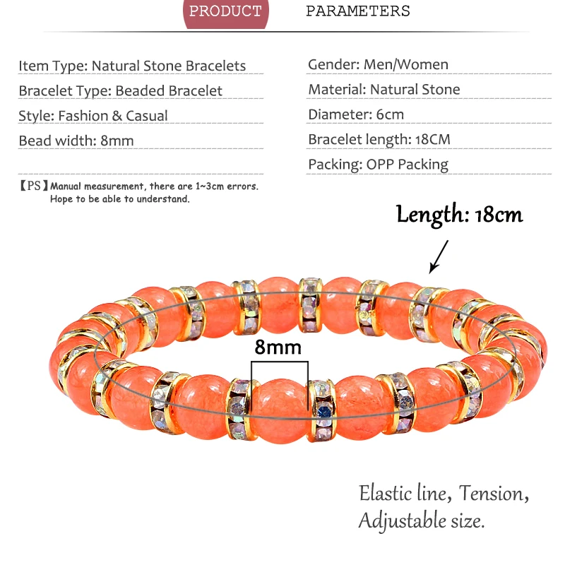 Prayer Natural Stone Bright Orange Beads Bracelet Elastic Rhinestone Rope Men Women Bracelet Bangles Yoga Handmade Jewelry Gift