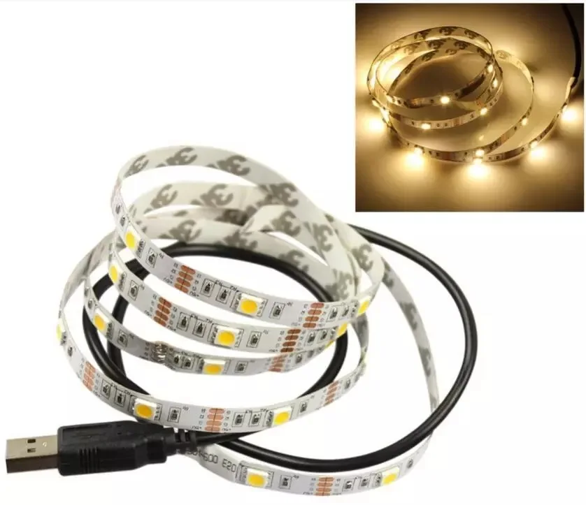 Tira de luces LED para decoración del hogar, cinta de iluminación de fondo de TV, lámpara de 1- 5m, CC de 5V, USB, 2835, Blanco cálido