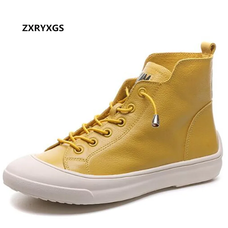 ZXRYXGS 2024 High Quality Cowhide Leather Shoes Woman Shoes Casual Sneaker Trend Boots Flat Fashion Shoes Black White Yellow Red