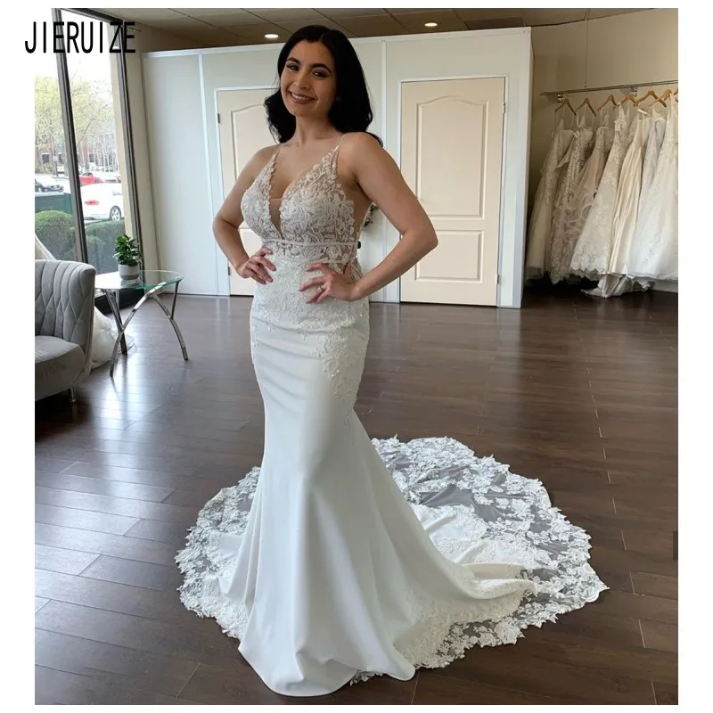 E jue shung praia sereia vestidos de casamento com decote em v boho vestidos de noiva rendas apliques botão voltar vestidos de casamento robe de mariage