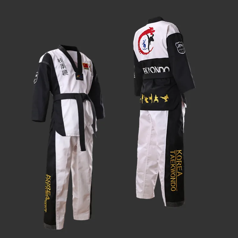 3 kolor Taekwondo Dobok V neck jednolity czarny kołnierzyk dorosłych dzieci nastolatki TKD Poomsae czerwony niebieski tae kwon do czarne ubrania WTF