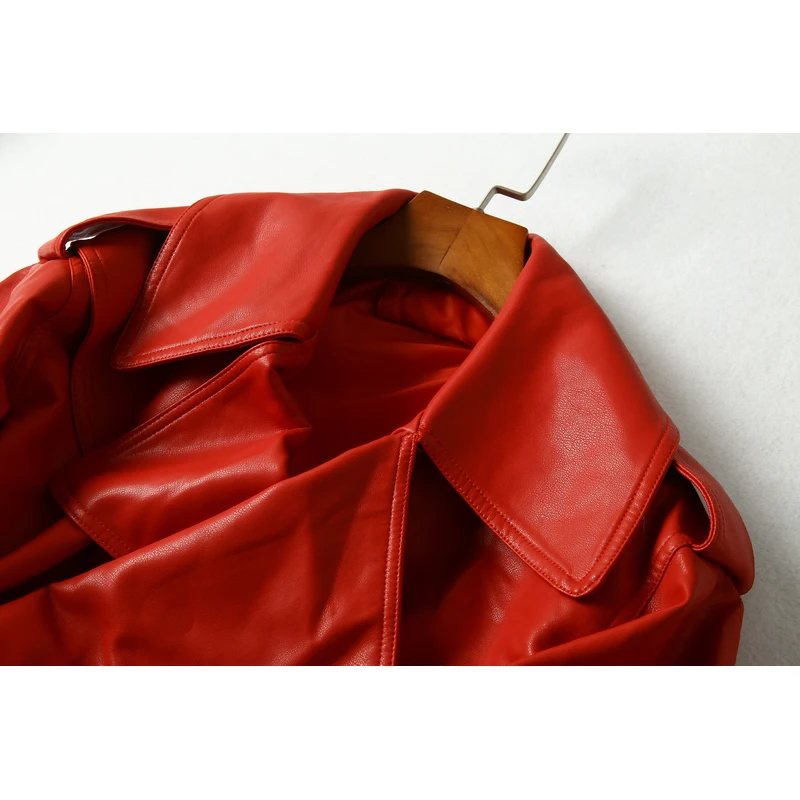 Spring Autumn 2024 Big Pocket Red Faux Leather Jacket Motorcycle Biker Jacket Black Coat Lapel Long Sleeve Streetwear Punk Coat