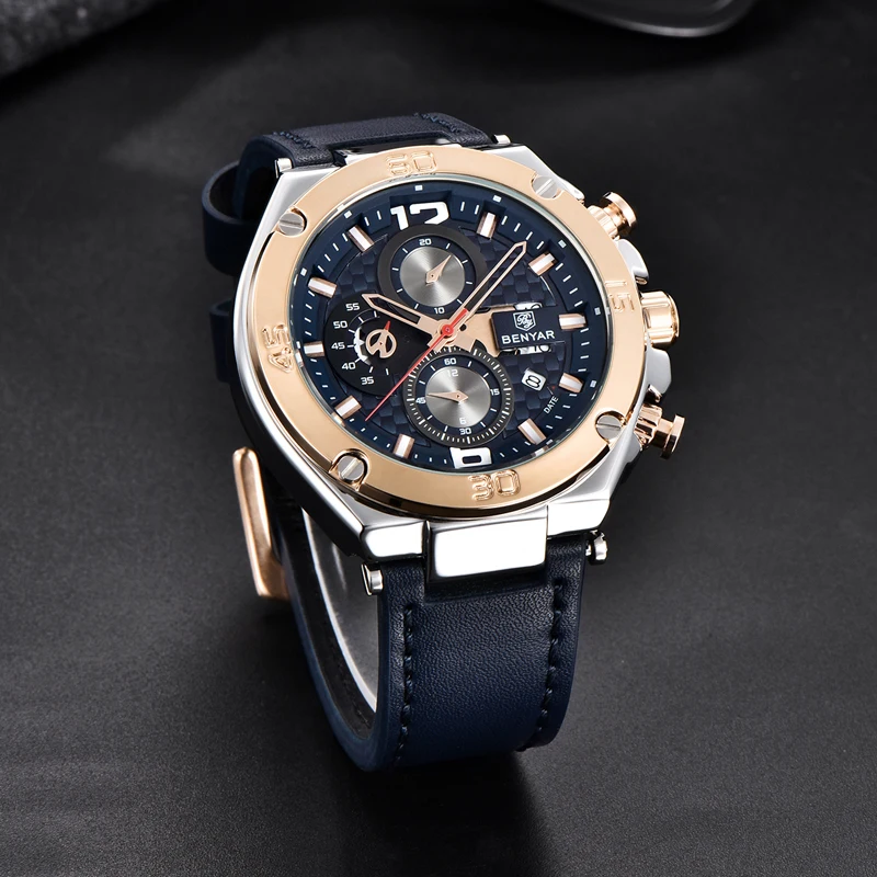 Watch Men BENYAR Quartz WristWatches Military Mens Watches Top Brand Luxury Gold Fashion Sports Men Watch Leather Reloj Hombre