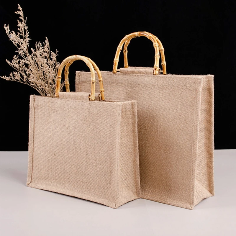 Portable Burlap Jute Shopping Bag Handbag Bamboo Loop Handles Reusable Grocery Bags