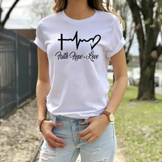 Fashion Clothing Jesus Tops Causal T Shirt Woman Graphic Tees Summer Faith Hope Love Print T-shirt Women Faithful