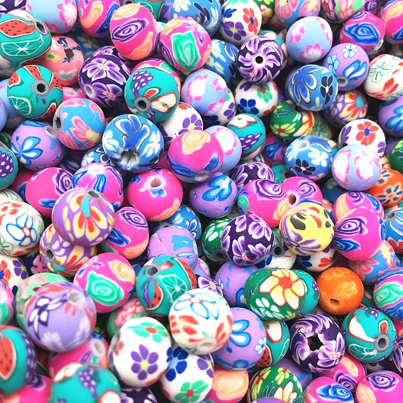 New 6mm 8mm 10mm 12mm Polymer Clay Flower Pattern Printing Beads Round Loose Beads Mix Colors for Jewellery Making DIY Bracelet