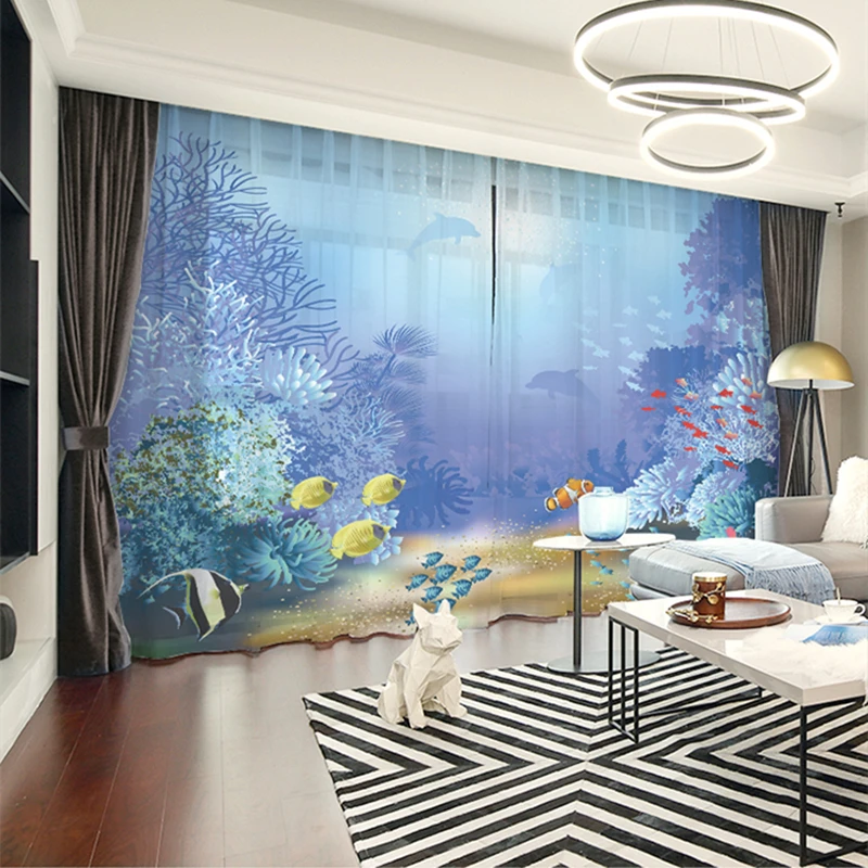 

Custom Chiffon Curtain Window Drape for Nursery Kids Children Living Room Dolphin Ocean Sea Seaweed