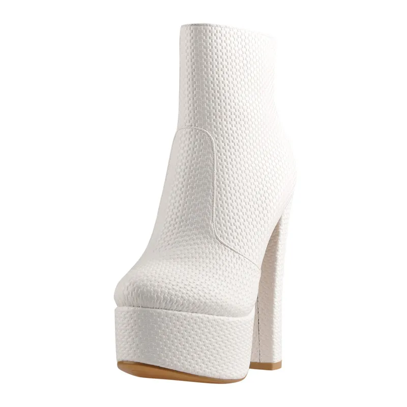 Onlymaker Platform Ankle White Boots Thick 16CM High Heel For Women Round Toe Plus Size For Ladies Winter Booties