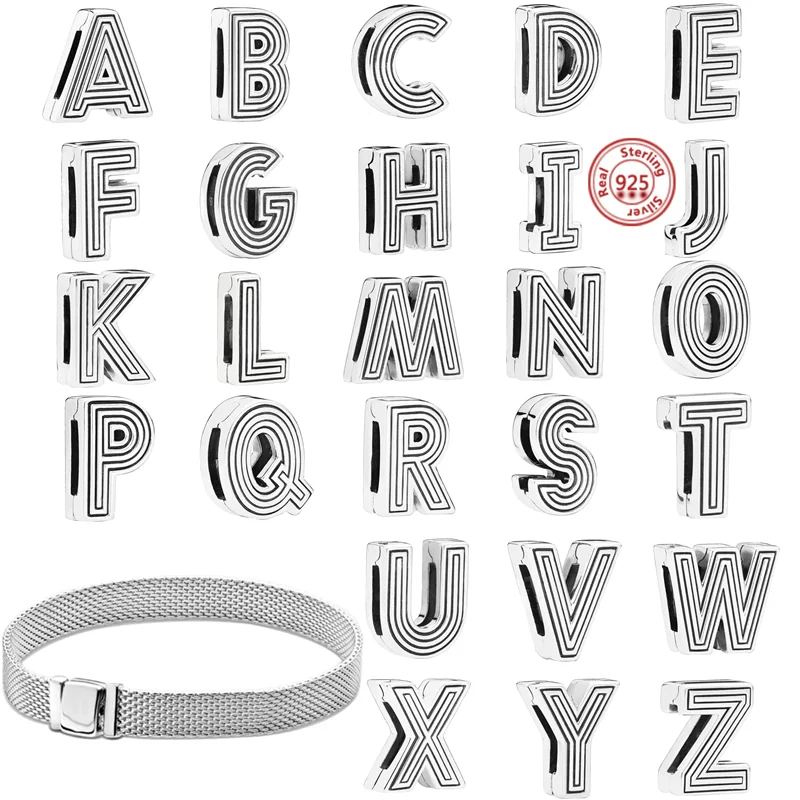 Authentic 925 Sterling Silver Letter ตัวอักษร Charms ลูกปัด Fit Pandora สะท้อนกลับสร้อยข้อมือผู้หญิง DIY เครื่องประดับของขวัญ