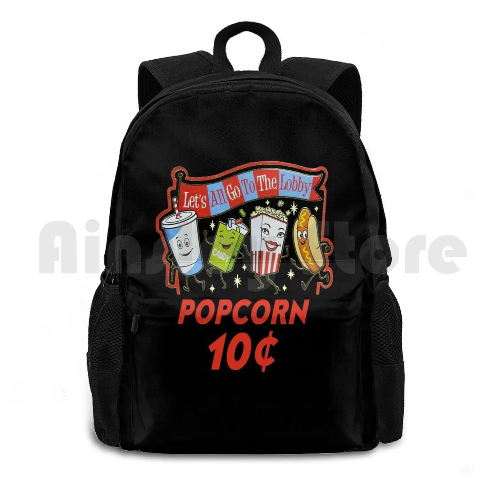 

Let's All Go To The Lobby Popcorn 10 Cents White Retro Vintage Food Movie Theatre Outdoor Hiking Backpack Waterproof Camping