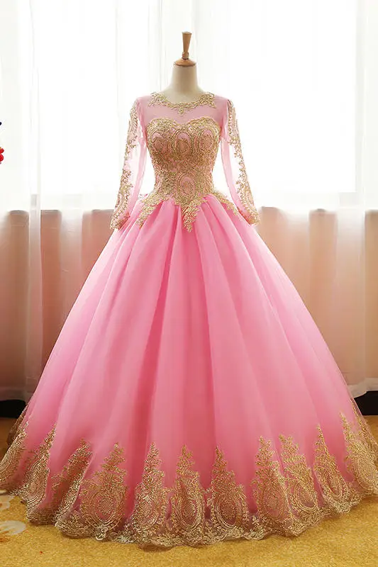 2022 lange Hülse Vintage Spitze Rosa Ballkleid Quinceanera Kleider Vestido De Novia Angepasst Plus Größe Candy Farbe Prom Kleid