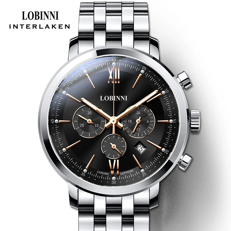 Lobinni, relojes de cuarzo de marca de lujo para hombre, reloj de pulsera de cuarzo informal resistente al agua hasta 50M, relojes de cristal de zafiro para hombre