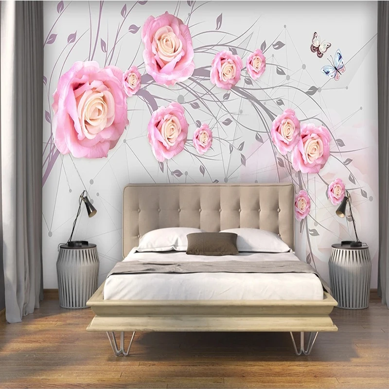 Custom Mural Wallpaper 3D Modern Minimalist Pink Rose TV Background Wall Sticker Tapety Fresco Papel De Parede Home Décor Tapiz