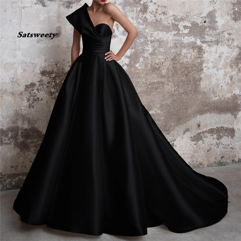 

Vestidos De Gala Satin Evening Prom Dresses Long Black Formal Dresses One Shoulder Ball Gown Abiye Gece Elbisesi