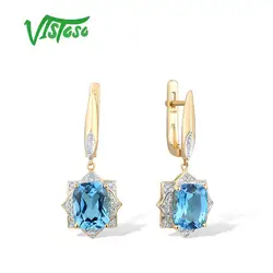 VISTOSO Gold Earrings For Women Authentic 14K 585 Yellow Gold Shiny Diamond Blue Topaz Earrings Engagement Wedding Fine Jewelry