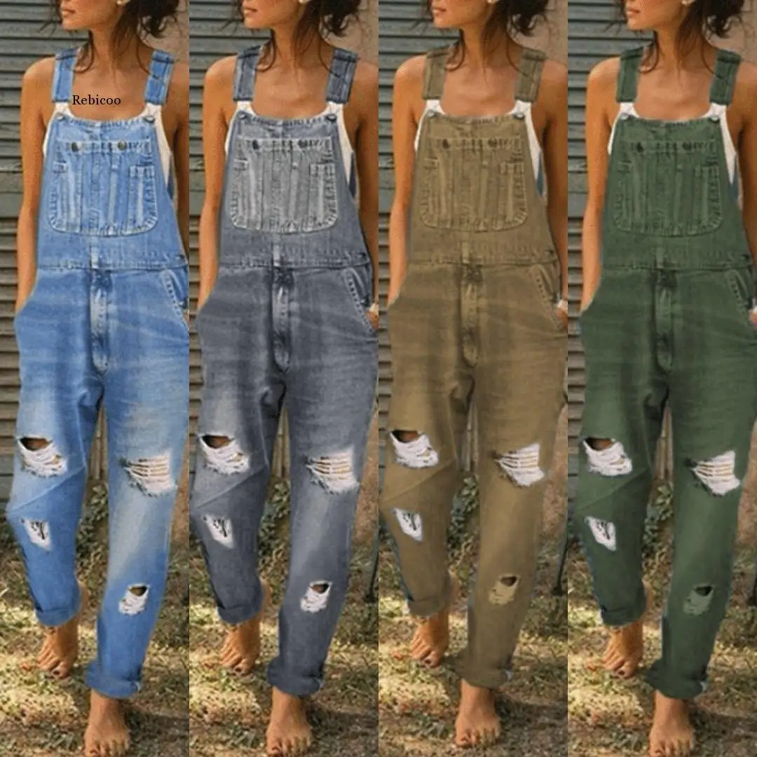 

Women Shoulder Strap Ripped Denim Jumpsuit Jeans Long Pants Denim Overalls Sports Women's Casual Jeans Trousers