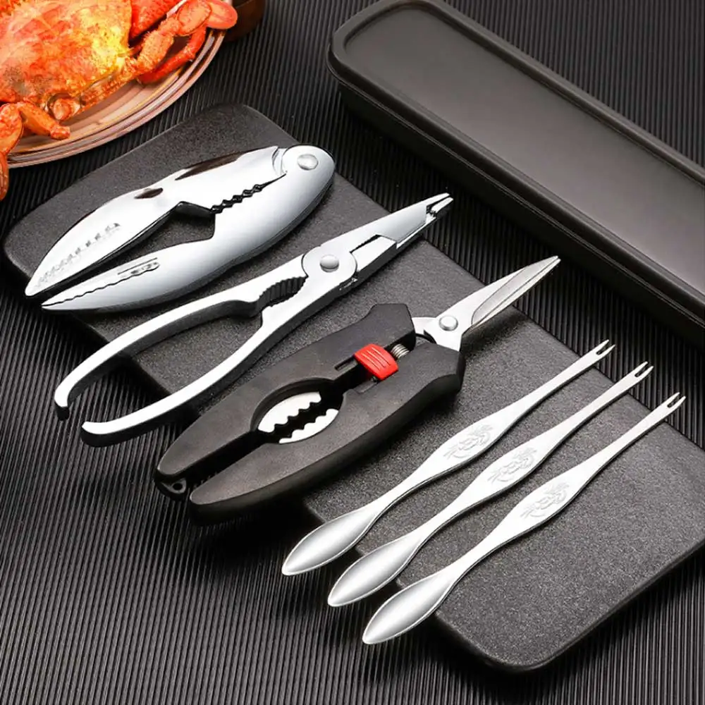 6 Pcs Stainless Steel Eat Crab Set Peel Shrimp Lobster Clamp Pliers Clip Pick Seafood Tools Crackers Spoons Kitchen Accessories