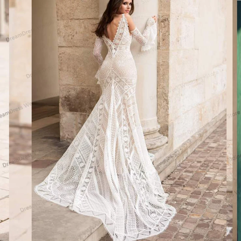 LSYX Customized Wedding Dress Long Sleeve Boho Beach Bride Dresses Mermaid  Robe De Mariee Vintage Lace Princess Wedding Dresses