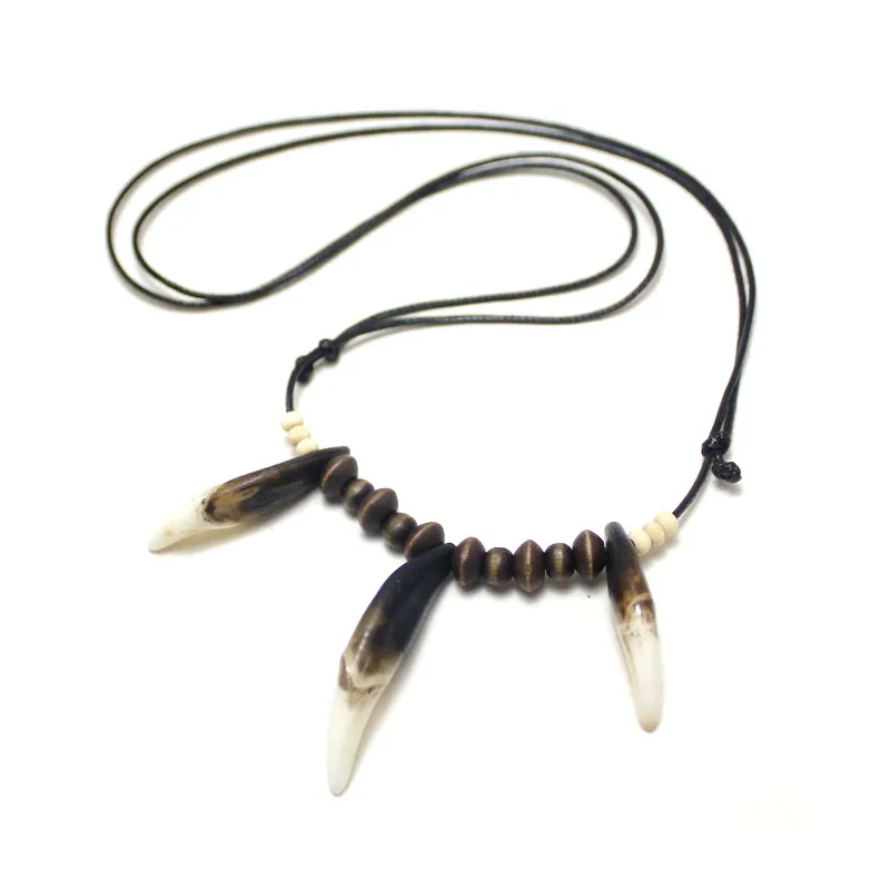 Tribal Natural Fangs Wolf Tooth Pendant Genuine Leather Chain Beaded Surfer Necklace Choker Amulet Gift