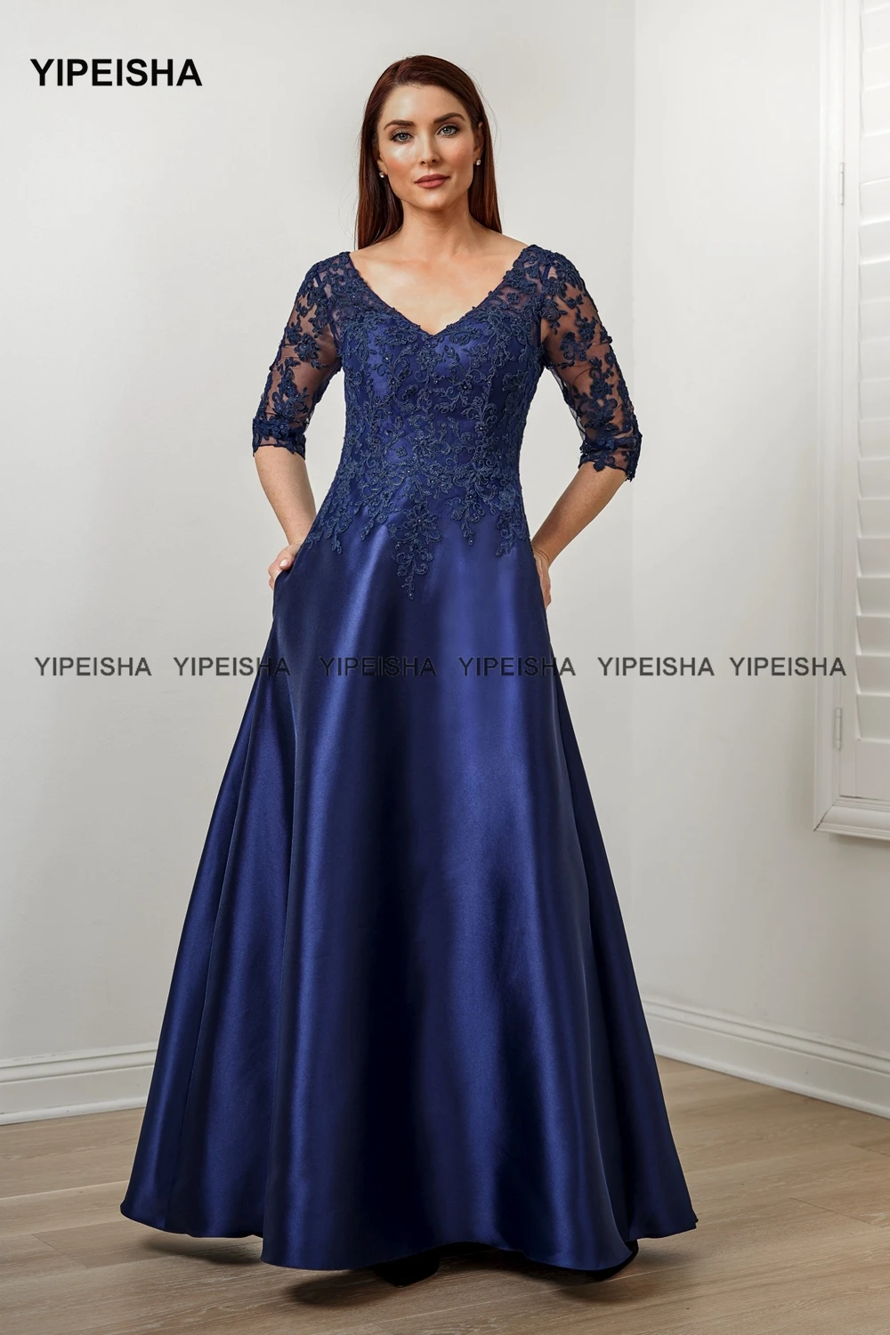 Yipeisha V-neck Mother of Bride Dress Three Quarter Sleeves Formal Lace Evening Gown for Mom Robe de Soiree Longue Plus Size