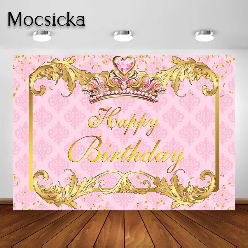 Mocsicka Royal Princess Party Backdrop Girl's Pink and Gold Crown Birthday Party Decorations Happy Birthday Party Background