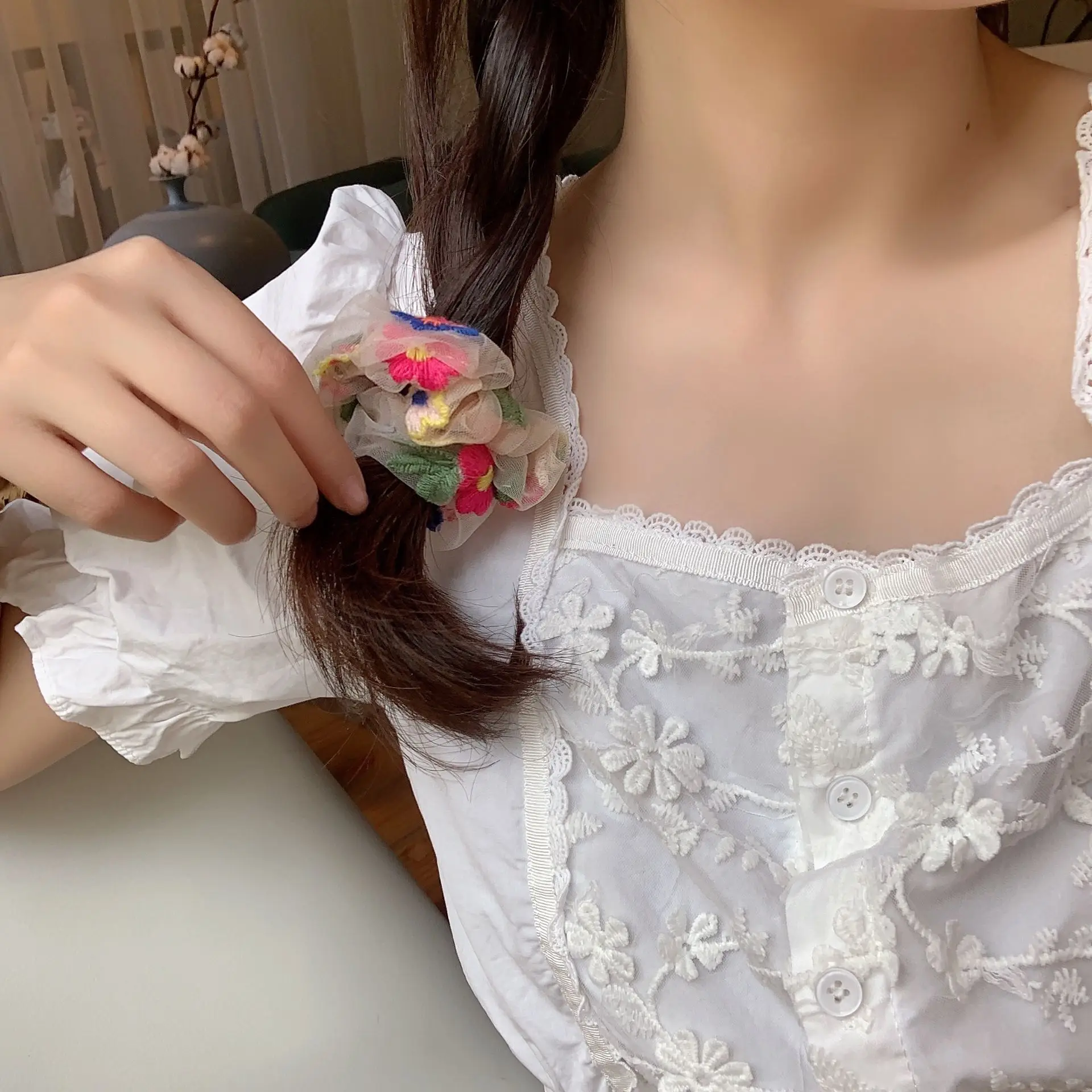 Elastic Hair Bands for Women 2020 Hot Korea Chic Handmade Embroidery Flower Transparent Colorful Daisy Hair Accessories