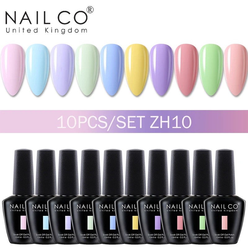 NAILCO 10 teile/satz 15ml Gel Nagellack Set Farbe Glitter Semi Permanent Hybrid Gelvarnish Benötigen Basis Top Coat Soak off UV Nagel Kunst