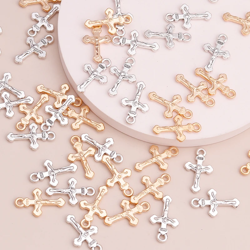 Leslie 30pcs Tiny Two Color Jesus Cross Charms Beaded for Bracelets Necklaces DIY  Jewelry Making Accessories Alloy 20x13mm