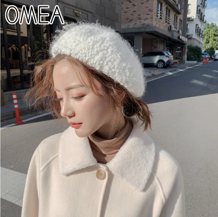 OMEA Angora Rabbit Fur Berets Women Hats Winter Retro Painter Fuzzy Hat Solid French Fashion Hairy Pink Snow Fleece Green Hat