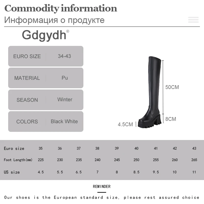 Gdgydh Platform Rubber Boots Women Square Heel Comfort Black White Over The Knee Boots Waterproof Street Style Footwear Lady