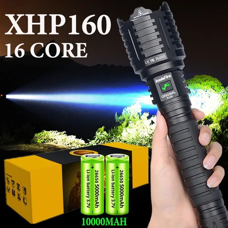 10000MAH XHP160 16-core Most Powerful Flashlight Light Brightest XHP90 Lantern  Self-defense Hand Torch Tactical Hunting Torch