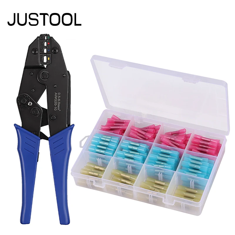 

JUSTOOL 0.5-6mm² Crimping Tool Cable Ratchet Wire Terminals Plier Kit Crimper 200 Pcs Heat Shrink Insulated Butt Wire Connectors