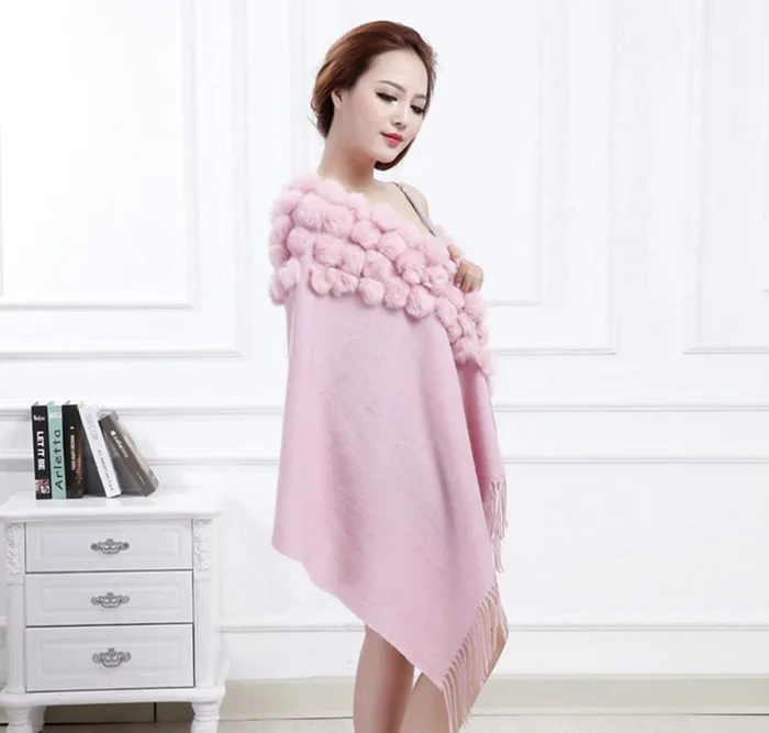 20 Colors Triangle Real Rabbit Fur Ball Shawl Wraps Winter Women Cashmere Tassel Cape Pompon Cloak Lady Mum Gift Casaco Feminino
