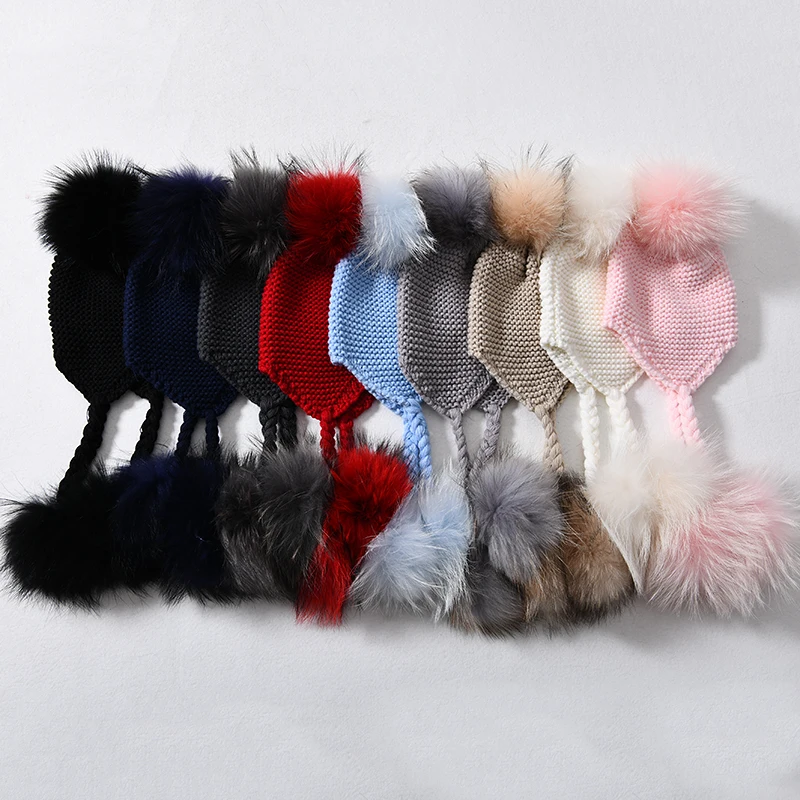 Jxwatcher Baby Knitted Winter Hats Child Real Raccoon Fur Pompom Cap Kids Warm Beanies Girls Boys Ears Fur Hat