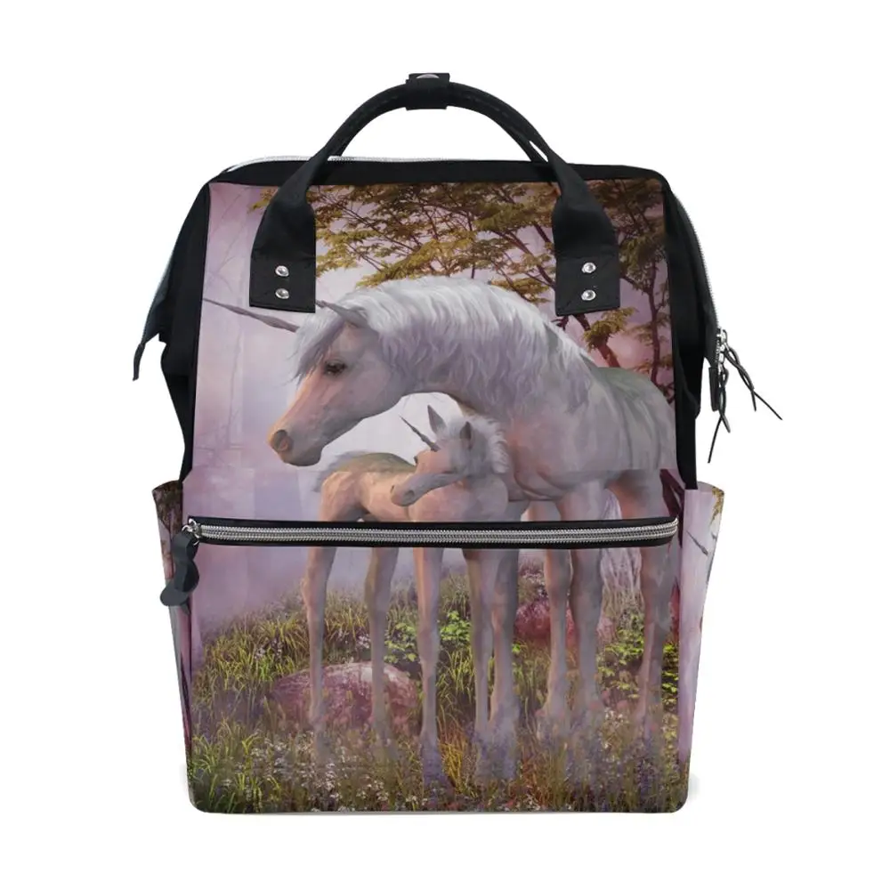 

Solid Backpack School Travel Bag Double Shoulder Bag Multi-Function Large Capacity Unicorn Print Women Mummy Maternal Backpack