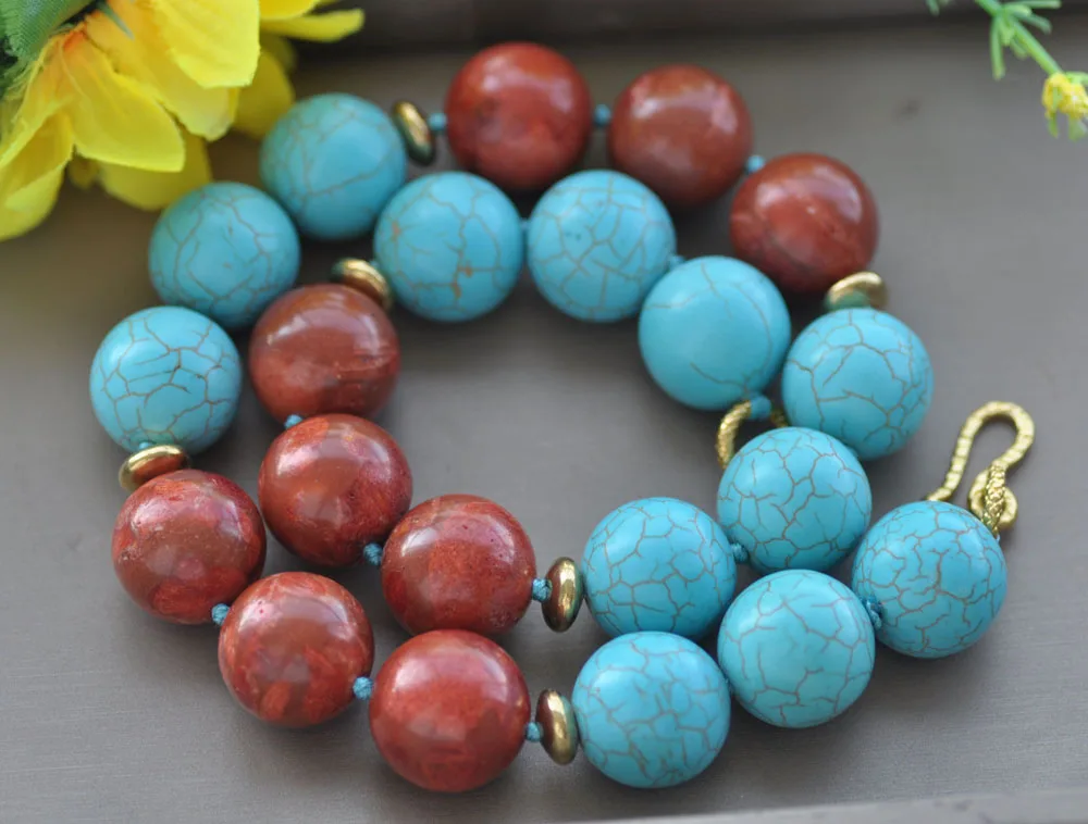 

Z10883 20" 20mm Round Blue Turquoise Red Coral Bead Necklace