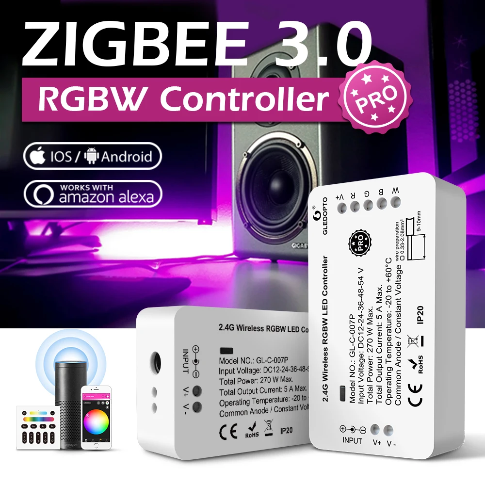 GLEDOPTO Zigbee 3.0 Smart Light Pro RGBW LED Strip Controller Compatible with Hub Bridge Mobile Phone App Remote Voice Control