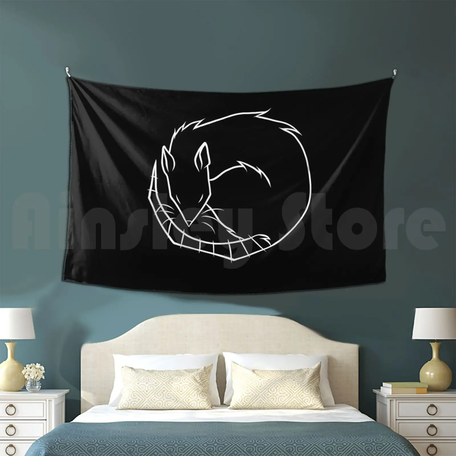 Sleeping Rat White Outline Customized Tapestry Sleeping Rat Rats Ratty Rat Art Rodent Tail Sleep Curled