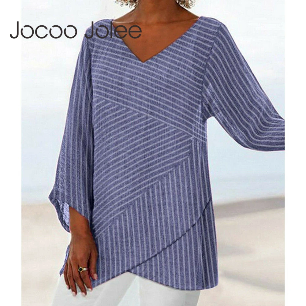 Jocoo holgada-Blusa de manga larga a rayas para Primavera, camisa holgada con cuello en V para mujer, Túnica informal de verano