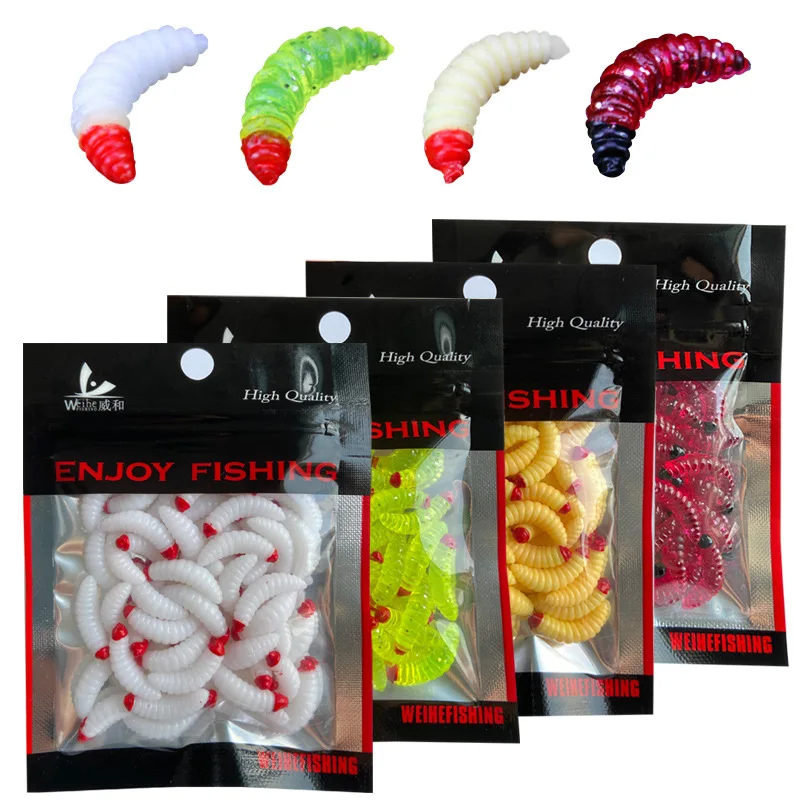 Fishing Worm Lure Dip Color Head Soft Bait Mealworms Artificial Simulation Lures Grub Catch Hooksnout Carp Bait 50 Pieces Bag