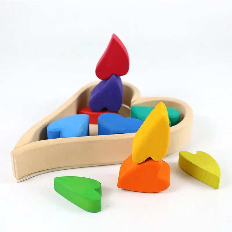 Bloques de apilamiento Montessori para niños, bandeja de madera de arcoíris de madera, bloques de construcción educativos con forma de amor, regalo para niños